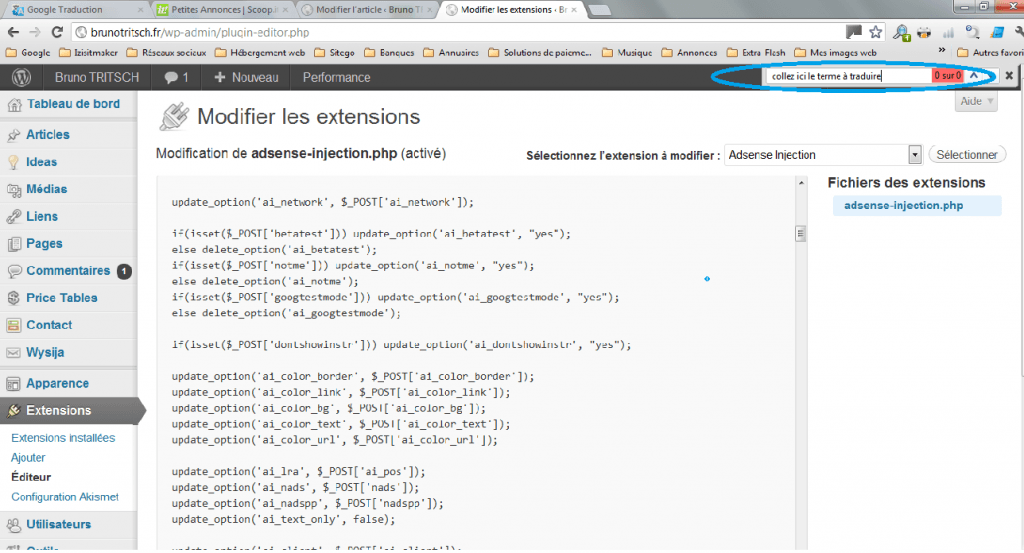 Traduire thème et extensions CTRL+F Traduire thème et extensions CTRL+F