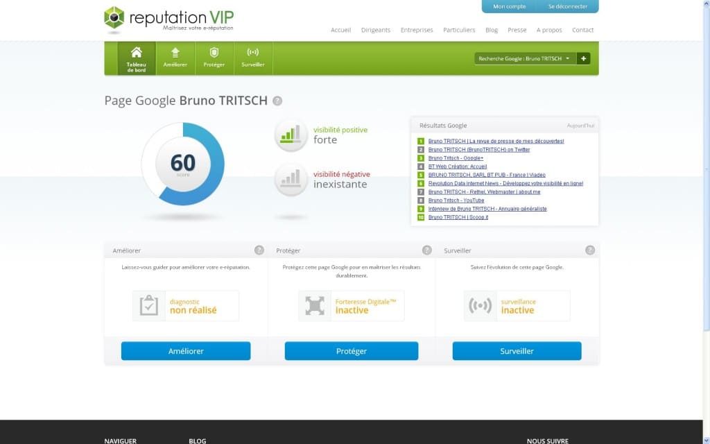 Capture d'écran du site internet de la société Réputation VIP